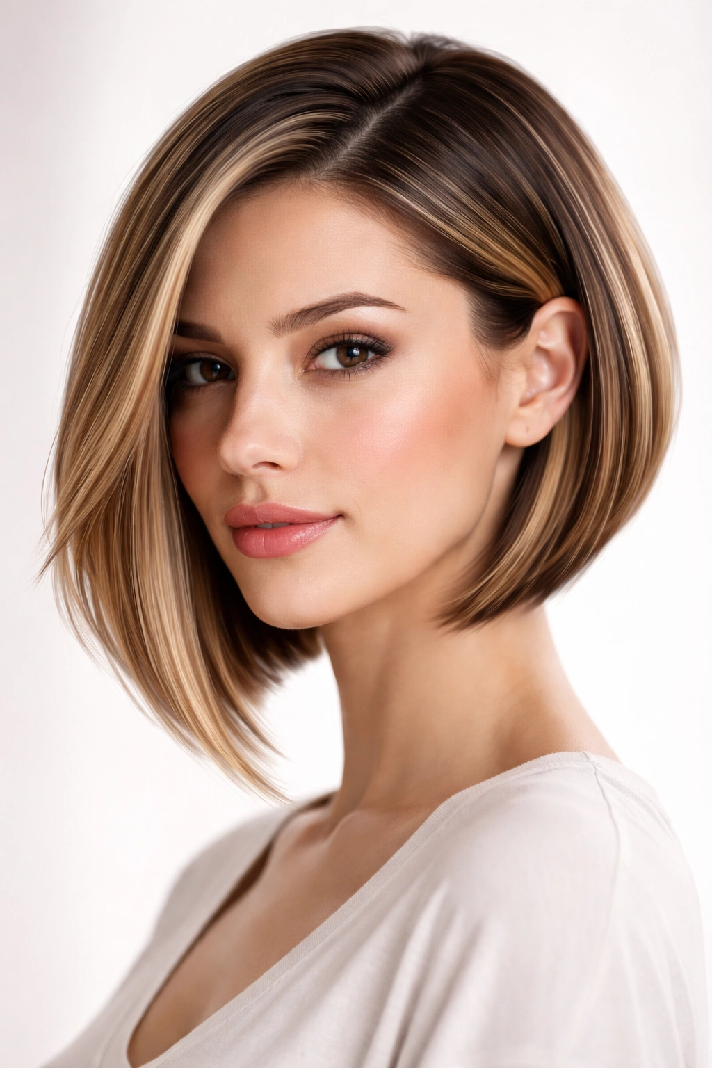 Angled bob hairstyle with shorter back and longer front in a studio portrait.