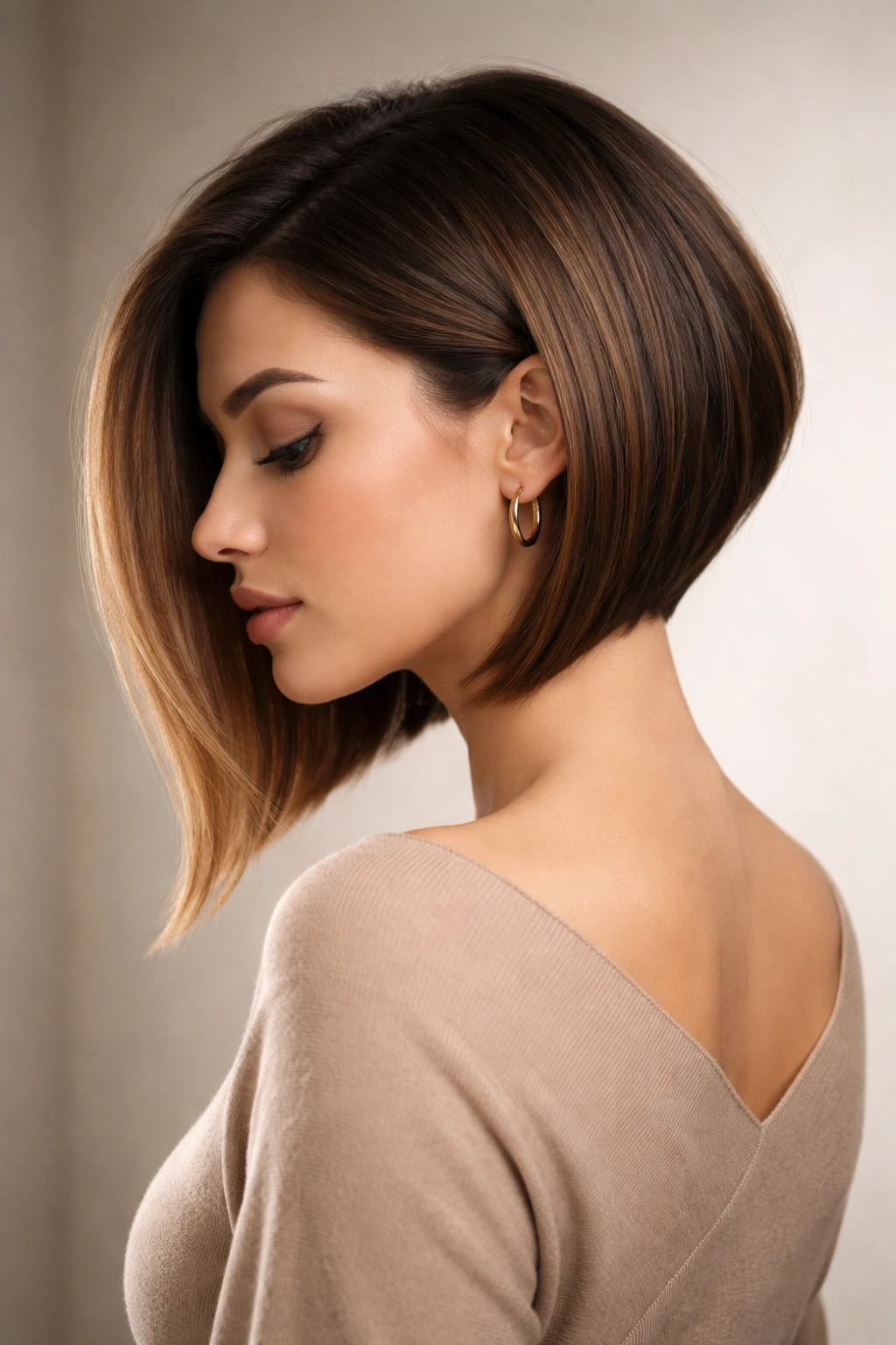 Close-up of an angled bob hairstyle with short back and longer front, showcasing a sharp diagonal cut.