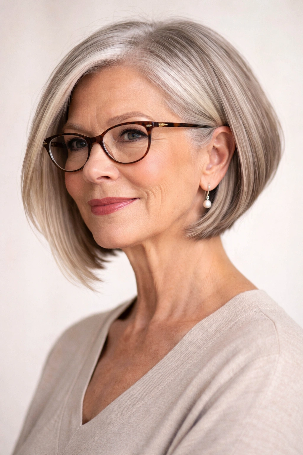 Close-up of angled bob with longer front pieces and shorter back