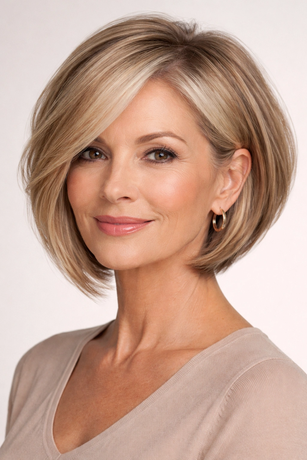 Close-up of a woman with an angled bob showing front-lengths and crown volume