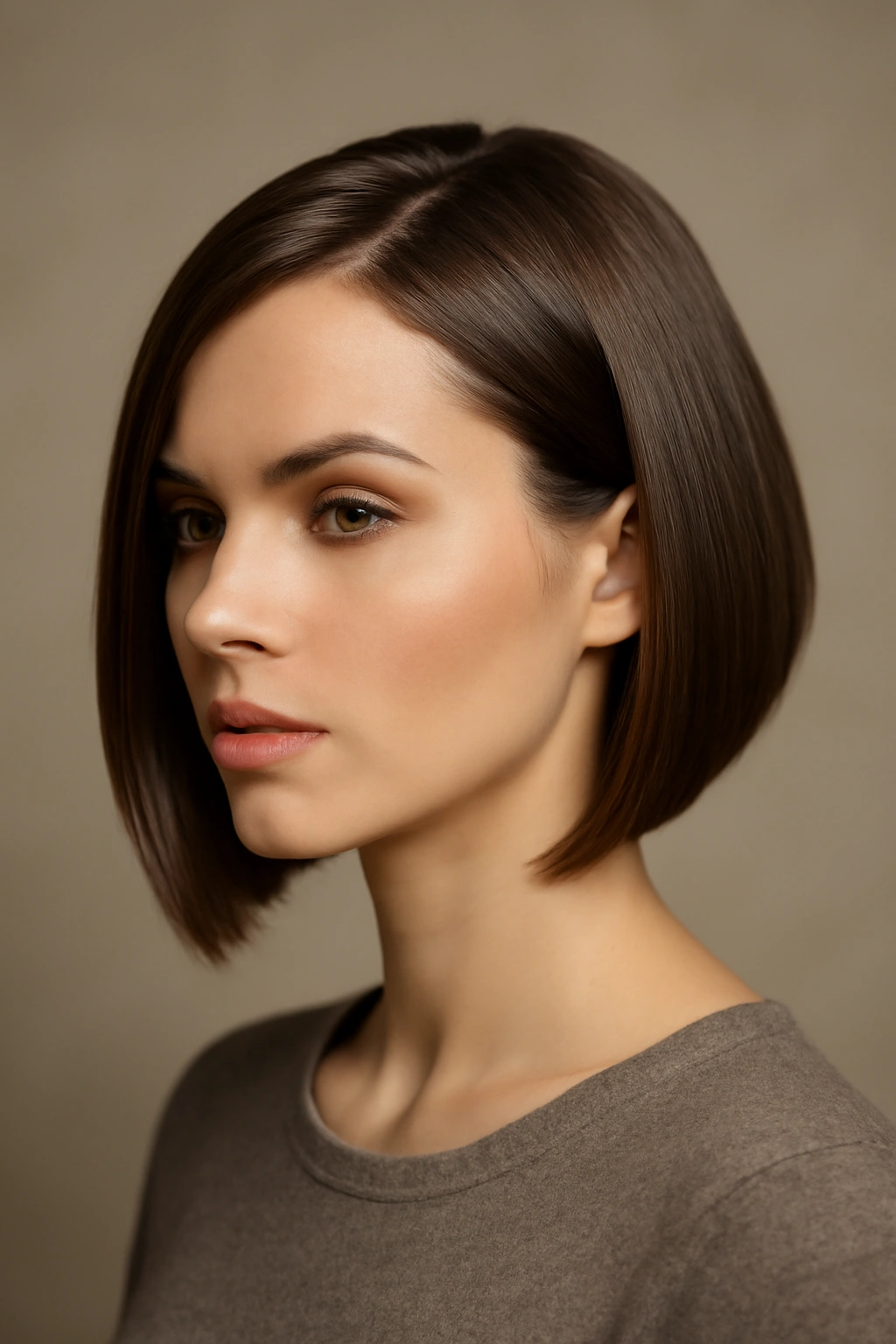 25 Medium Haircuts You’ll Want to Try Immediately 7 Close-up of a sleek angled bob with a diagonal length and deep side part
