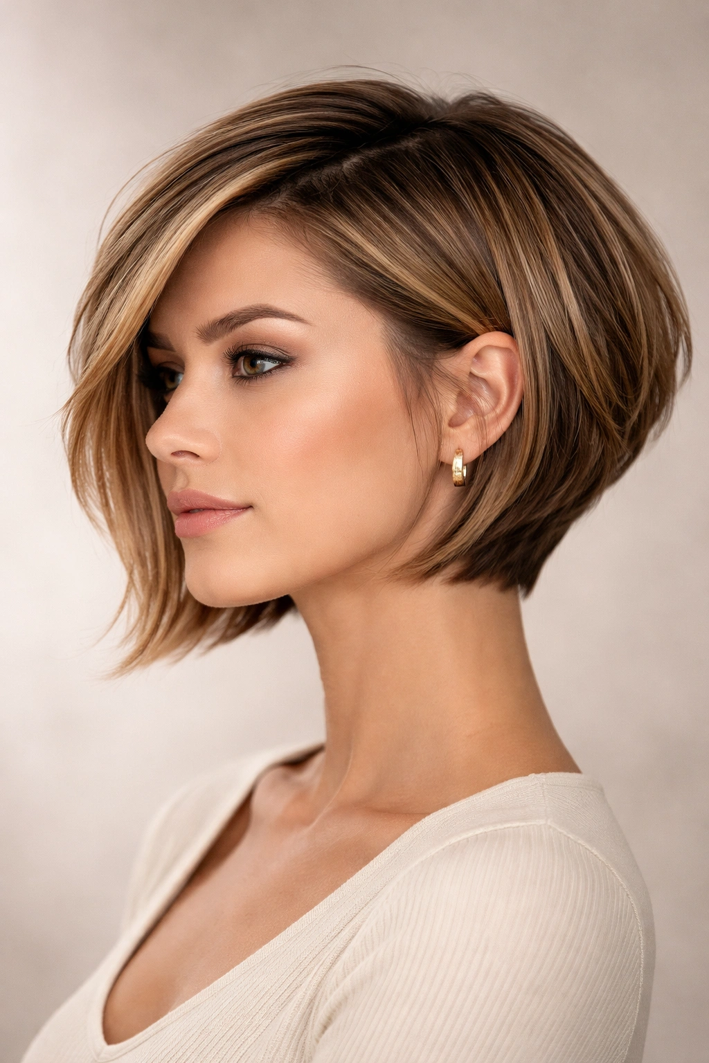 Close-up of jaw-length angled bob with layered texture, front longer than back