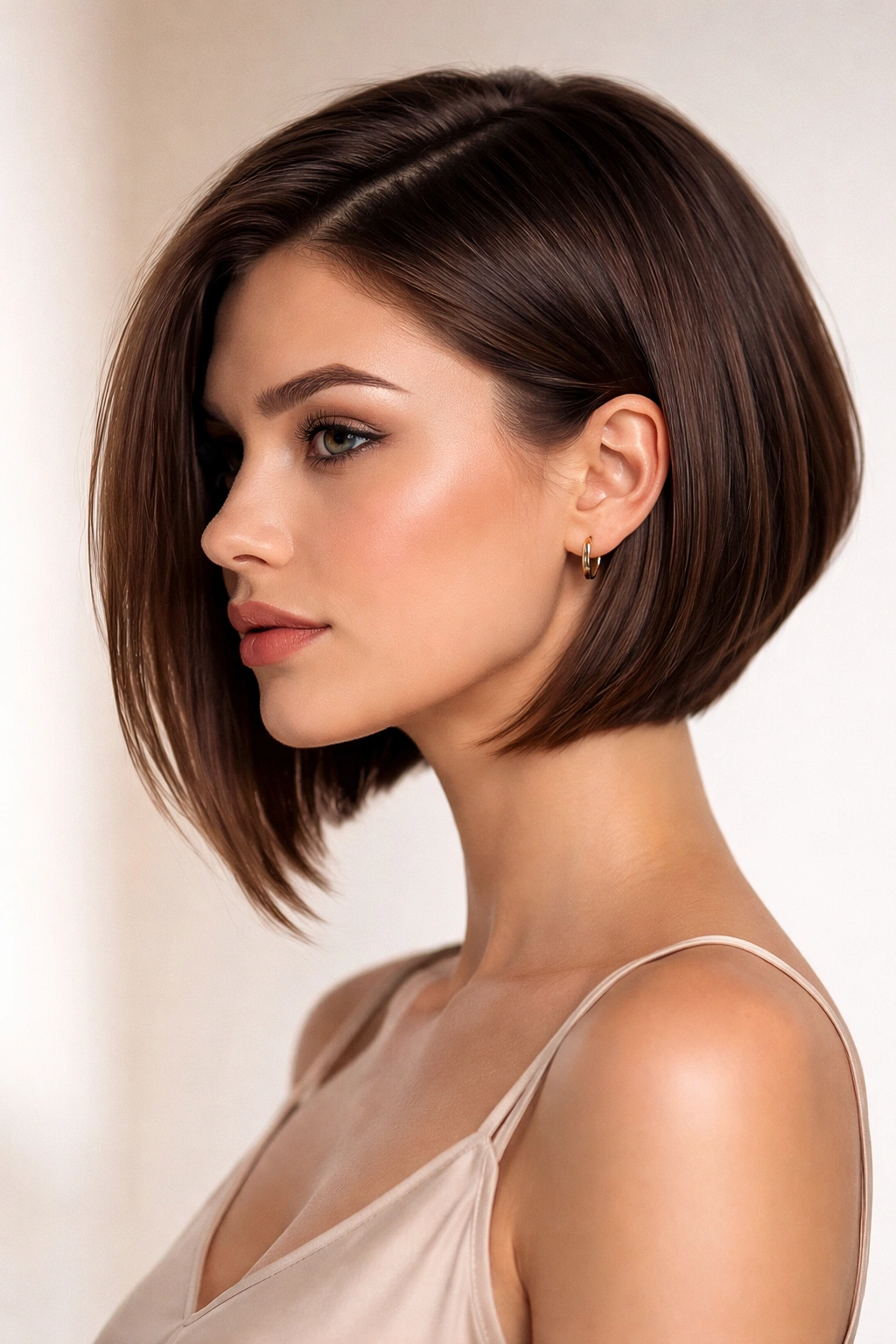 Portrait of an angled bob with longer front sections and a short back.