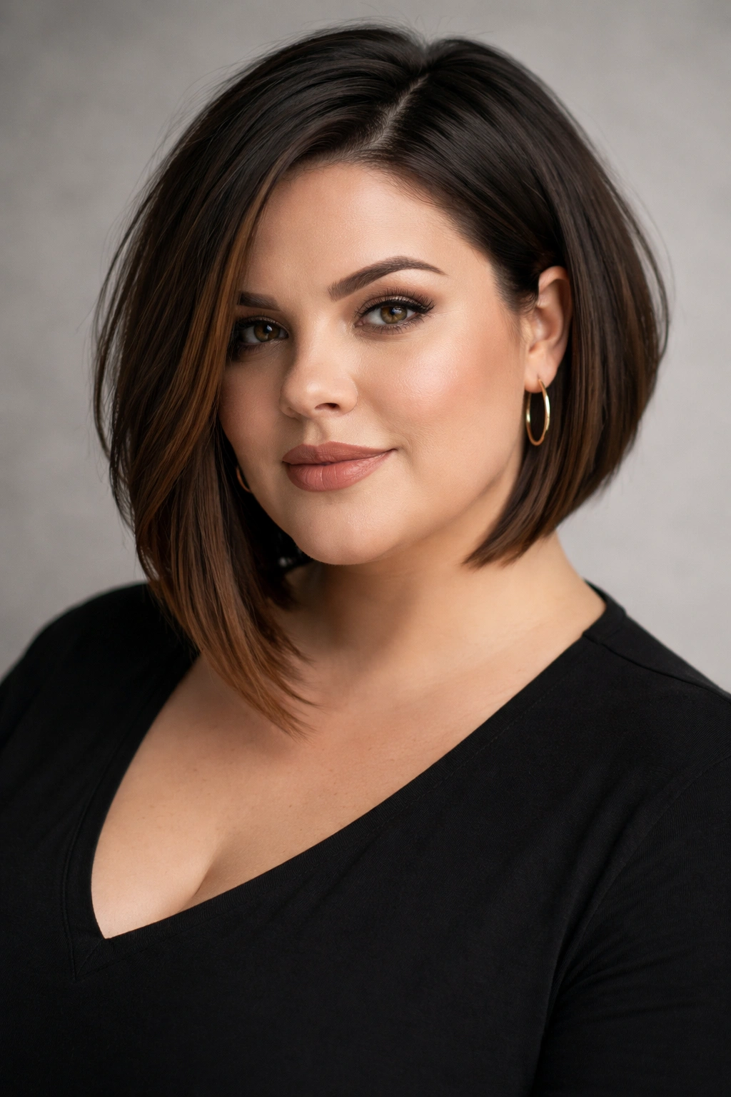 15 Flattering Short Haircuts For Plus Size Women 13 Close-up of a model's angled bob with longer front pieces framing the face