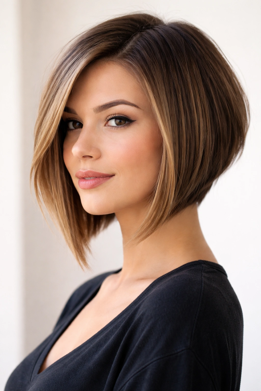 Angled bob with shorter back and longer front layers framing the cheeks.