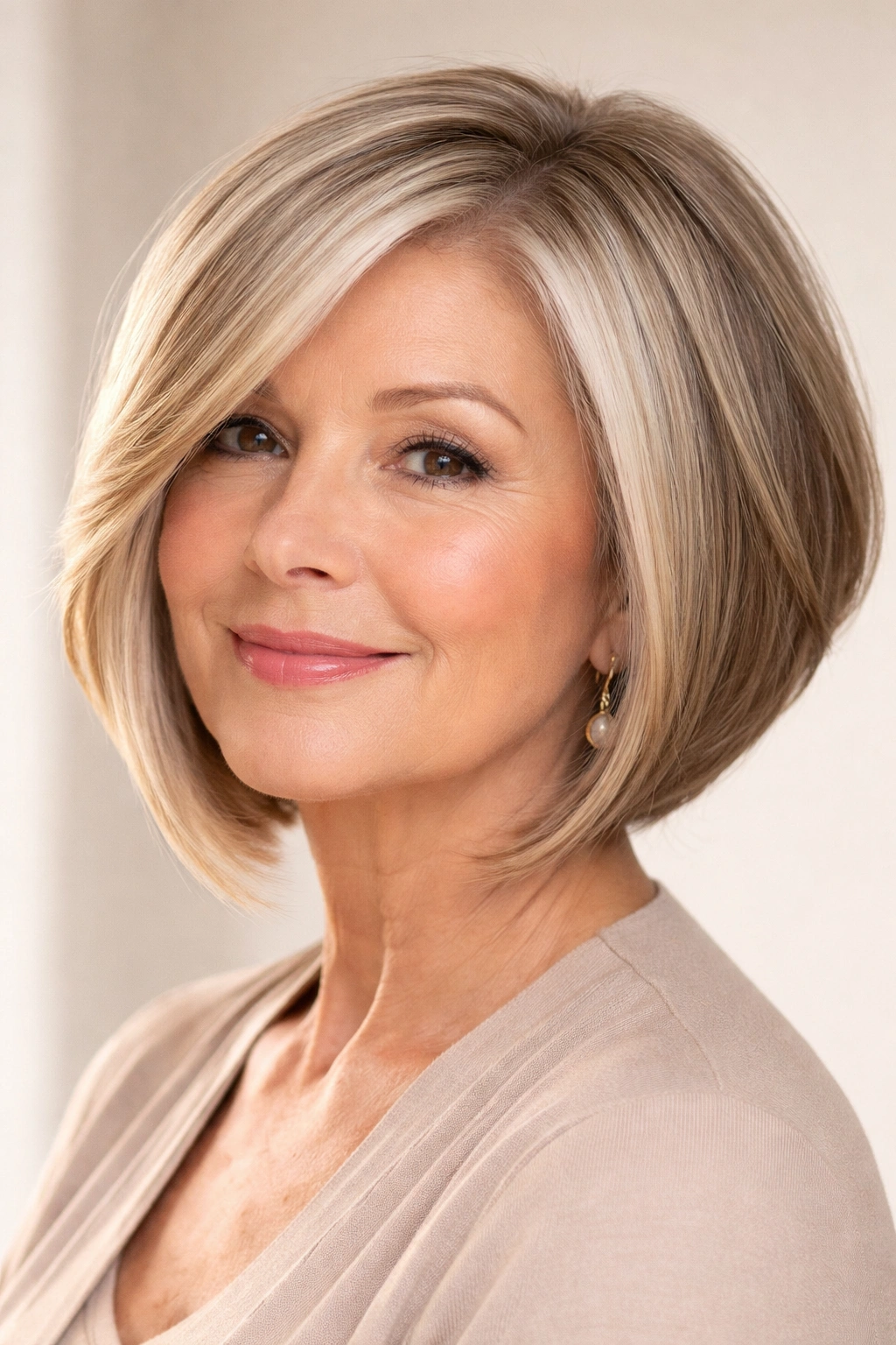Portrait of a woman with angled bob and longer front pieces