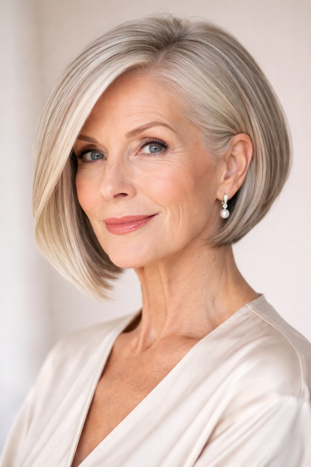 Senior woman with sleek angled bob flattering face shape.