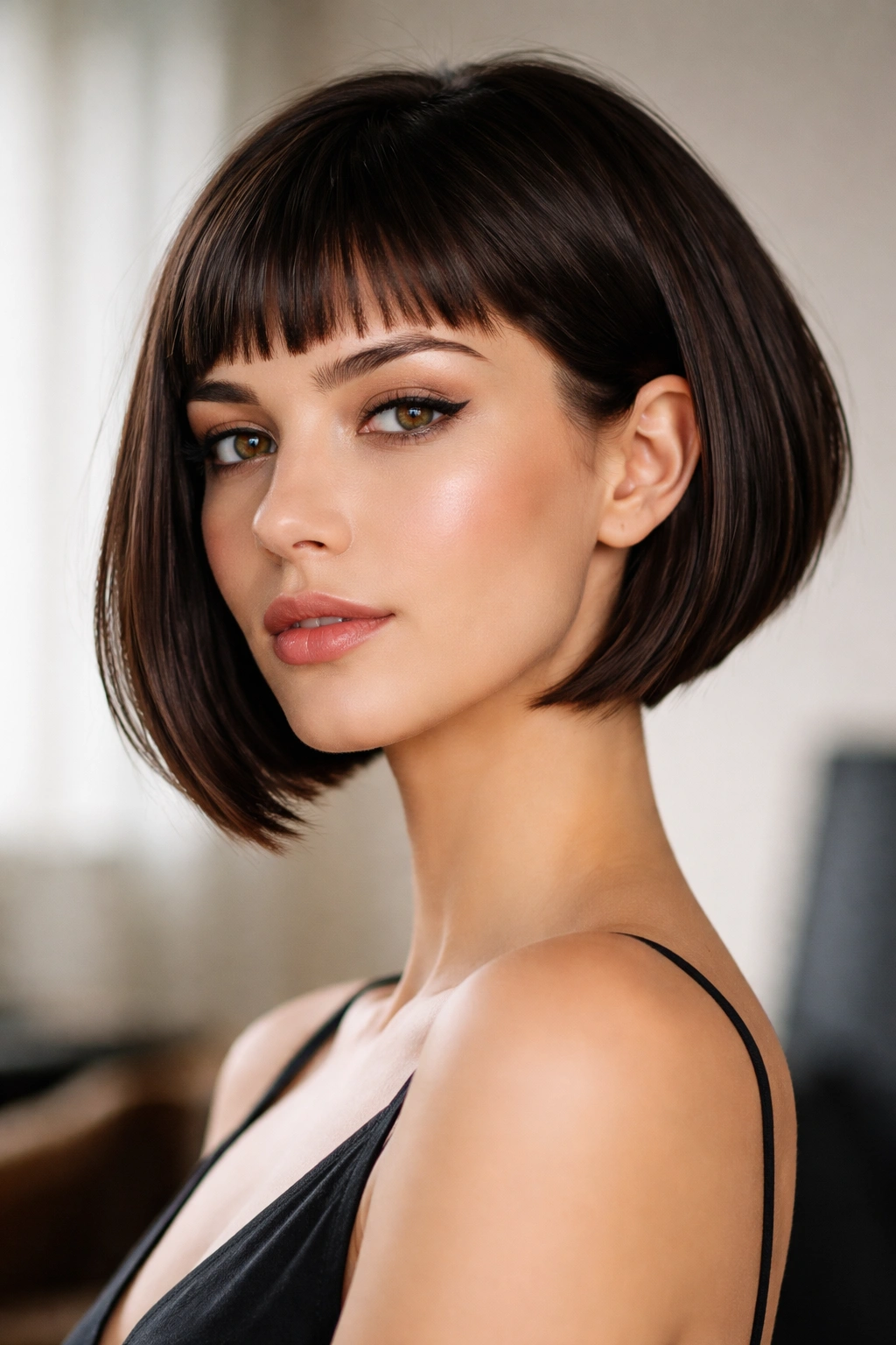 18 Bob Haircuts With Bangs Matched To Face Shape 5 Angled bob with micro bangs on oval face in studio portrait