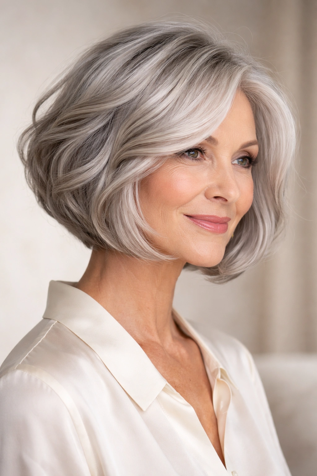 Angled bob with S-shaped waves in pearl gray