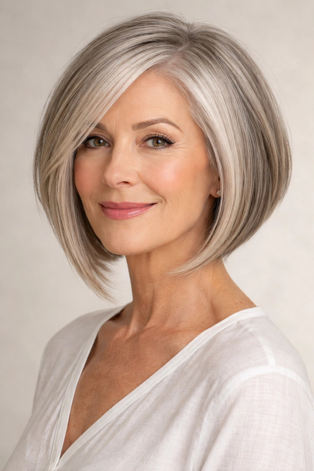 Mature woman wearing an angled bob that frames the face