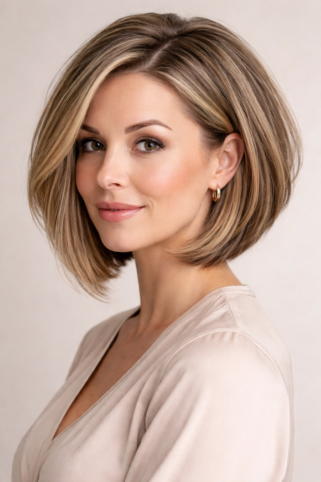 Angled bob hairstyle on a round-faced woman showing back-to-front length angle