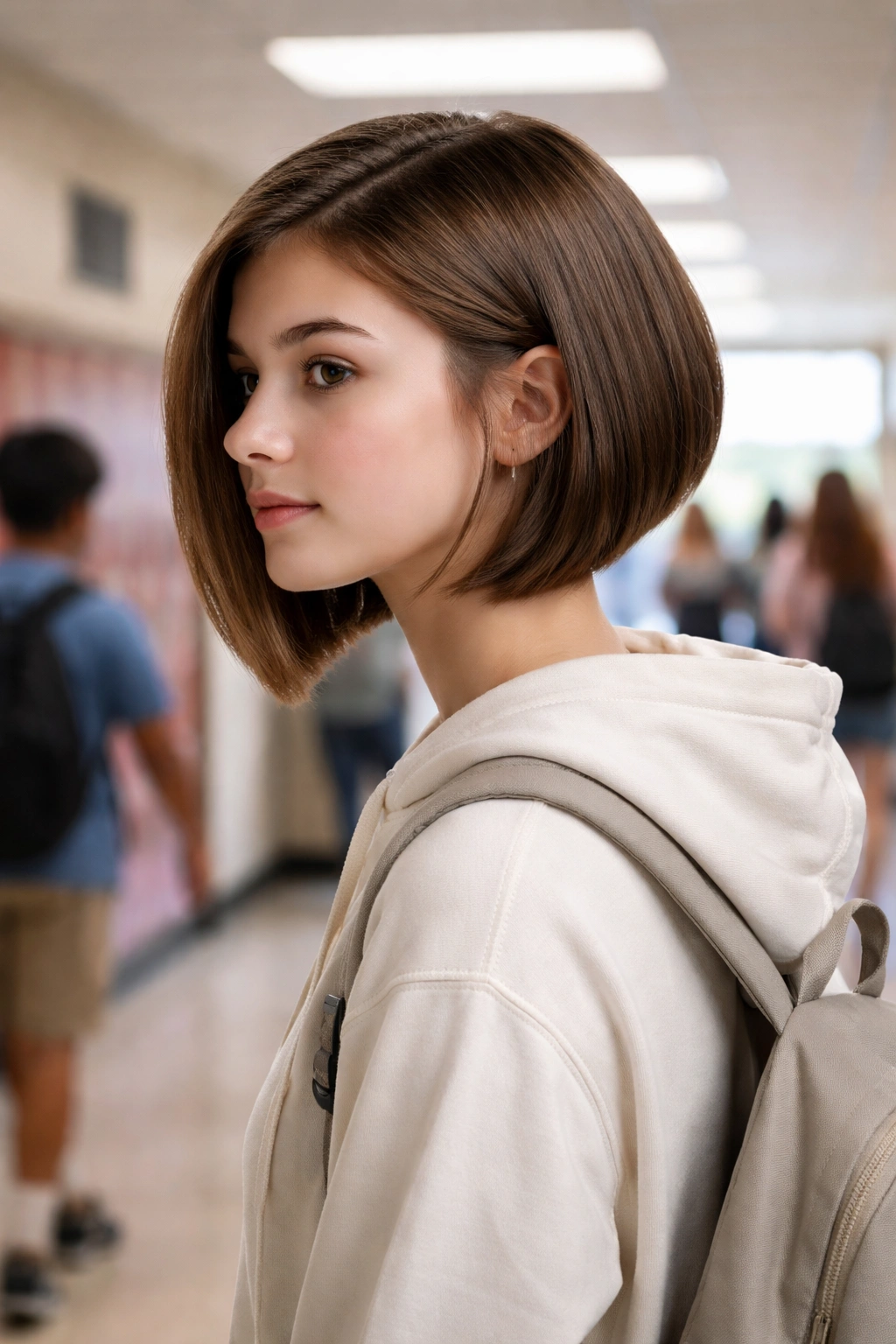 Student with angled bob hairstyle in school corridor