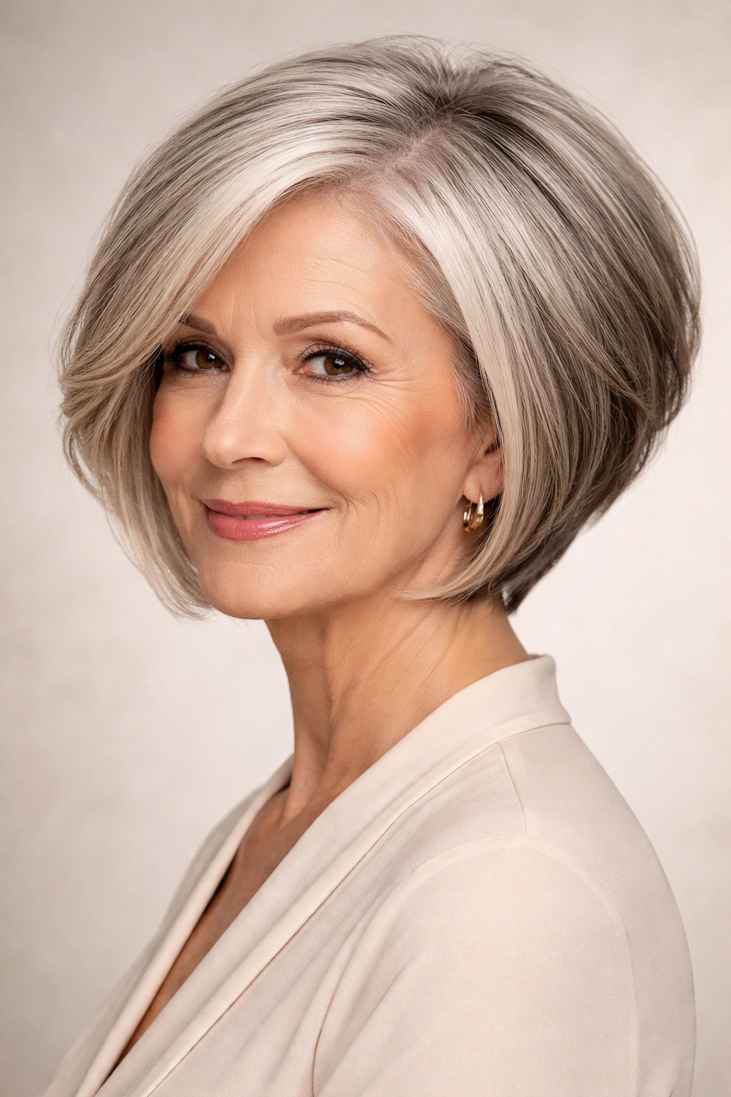 Angled bob with shorter back on thick hair, showing sculpted shape