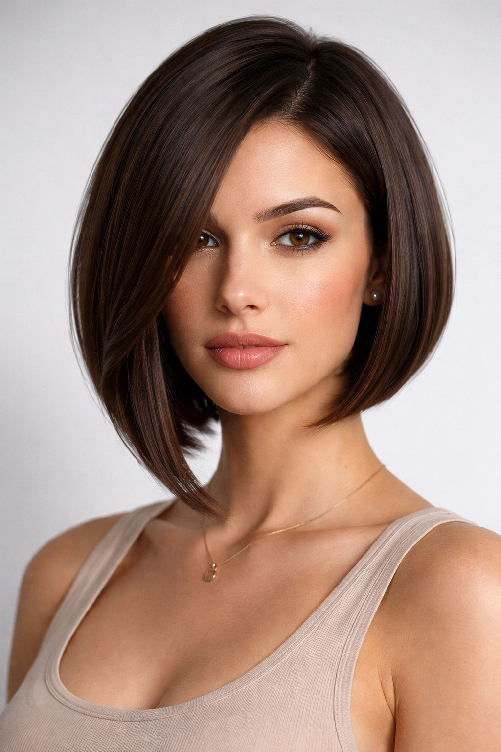 Front view of a sleek angled bob with longer front and shorter back