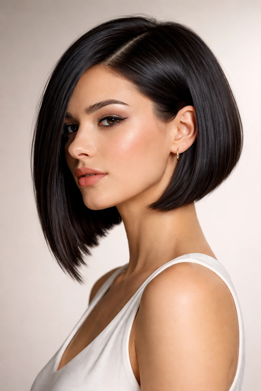 15 Short Bob Styles Sorted By Hair Texture 13 Close-up of a thick straight-haired model wearing a sleek angled bob with a sharp geometric line.