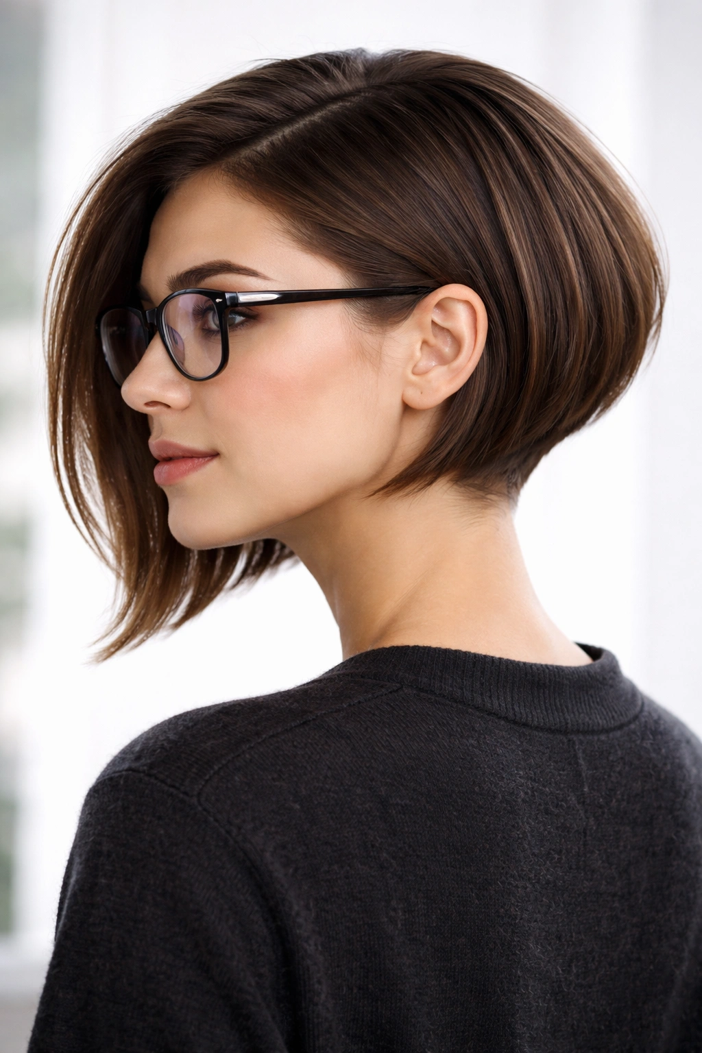 Close-up of The Angled Bob or Lob With Undercut showing angled front length and nape undercut