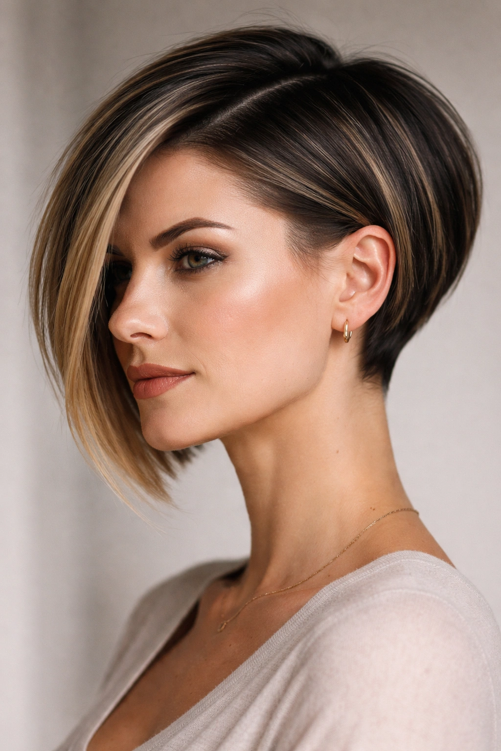 15 Short Haircuts That Instantly Make You Look Younger 6 Angled bob with undercut hairstyle close-up portrait.