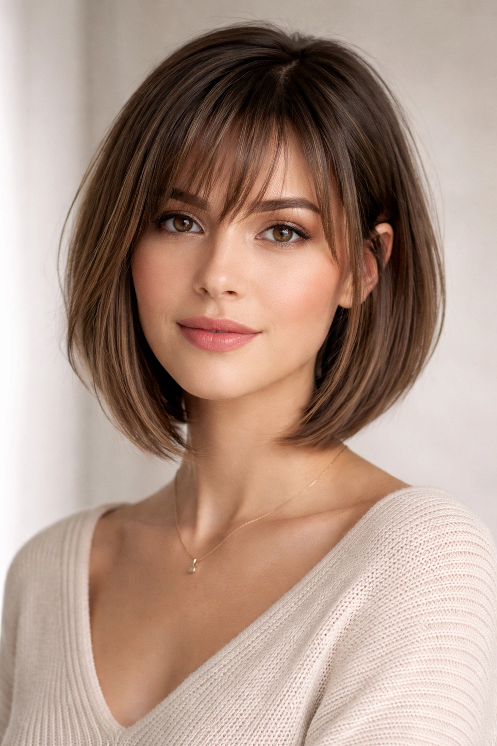 Angled bob with wispy bangs on an oval-faced model under diffused studio lighting