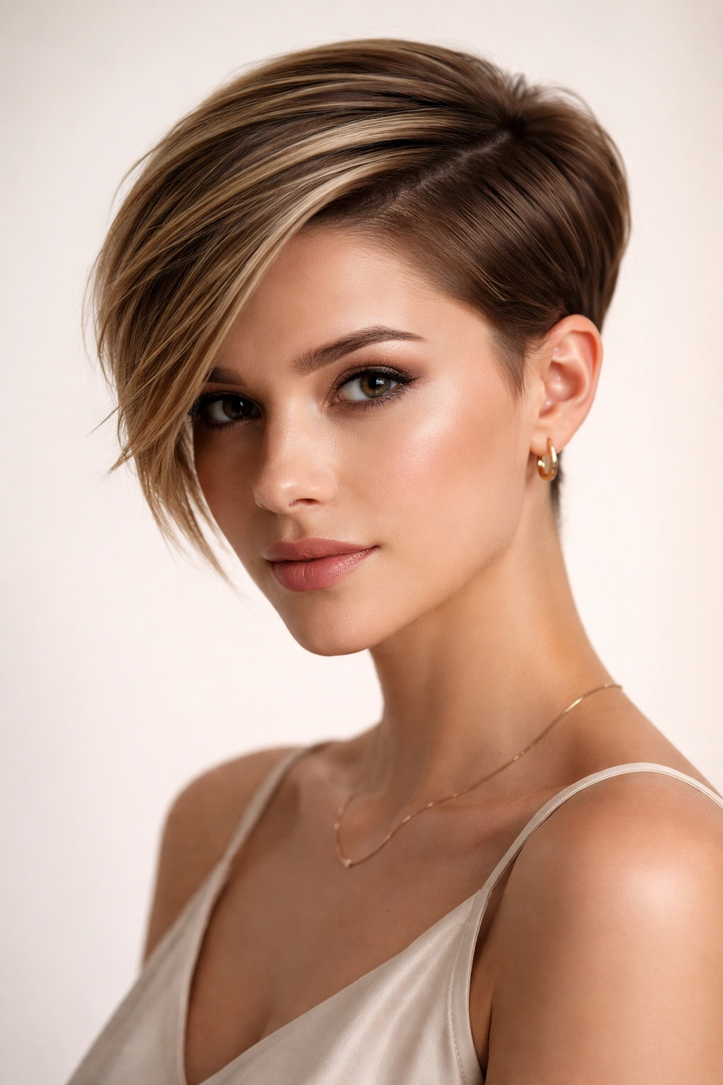 Angled crop hairstyle with longer front and side-part