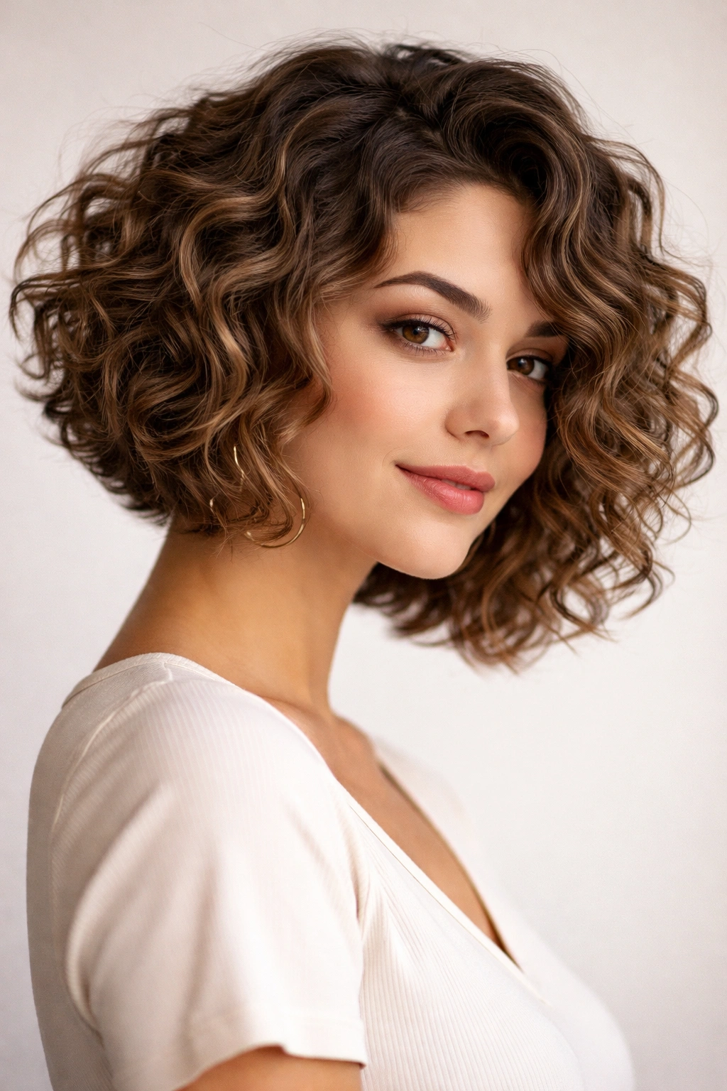 Angled curly bob with longer back and shorter front