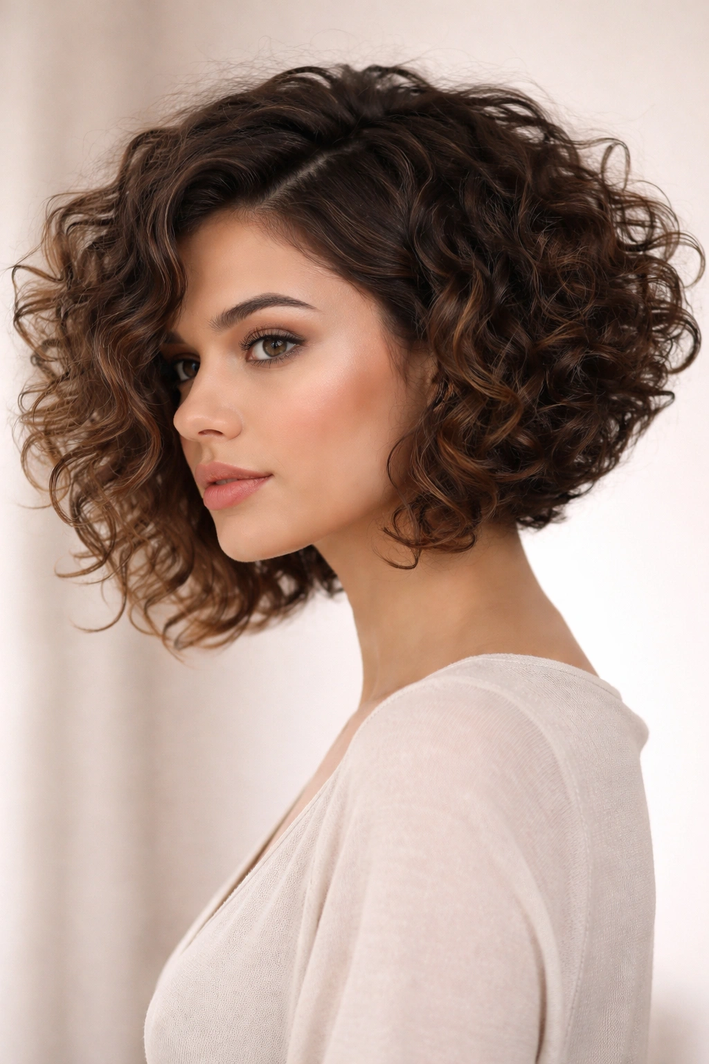 Angled curly bob with longer front and shorter back showing diagonal shape