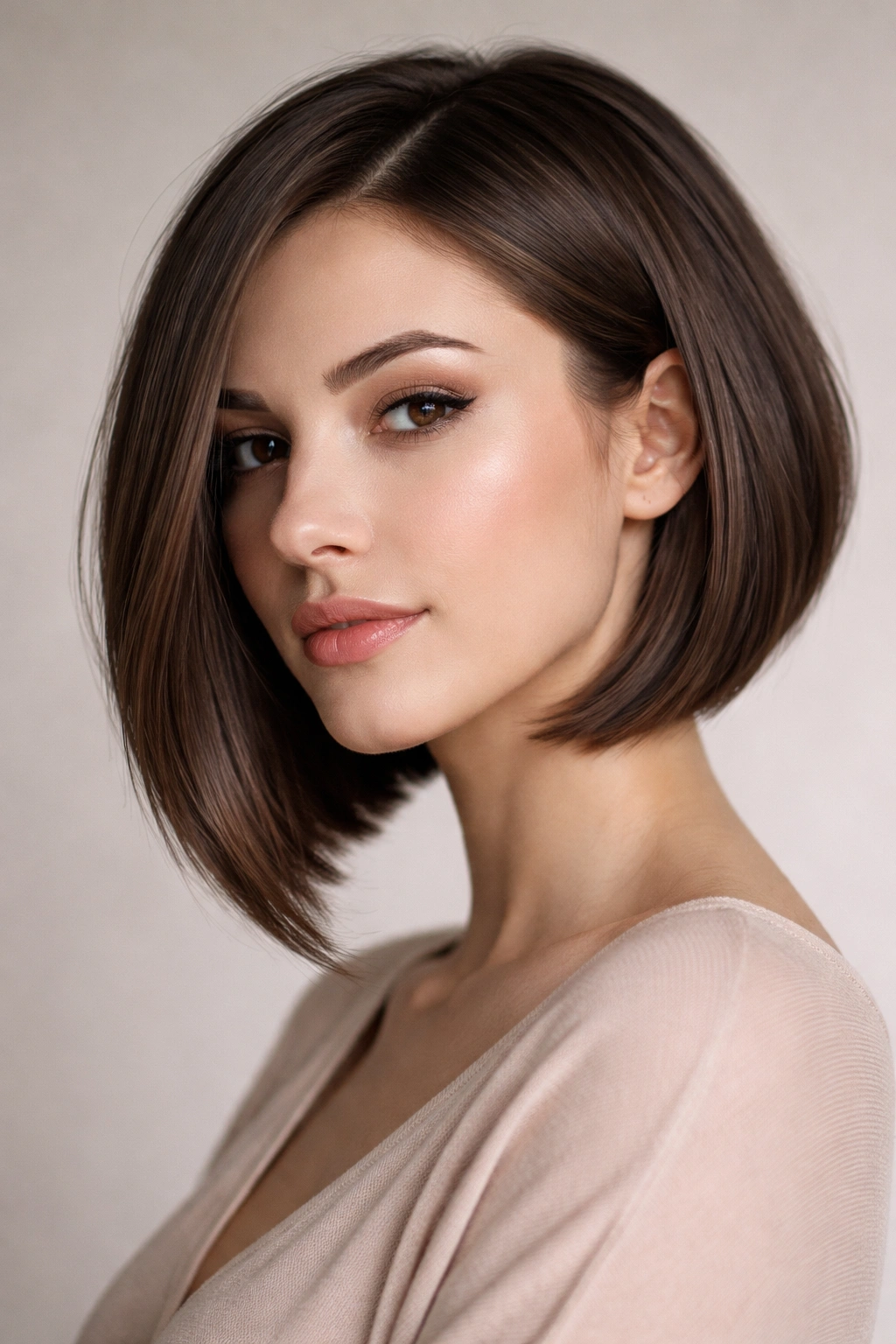 12 Modern Bob Cuts For Straight And Wavy Hair 7 Close-up portrait of angled front bob with jawline-grazing front and shorter back.
