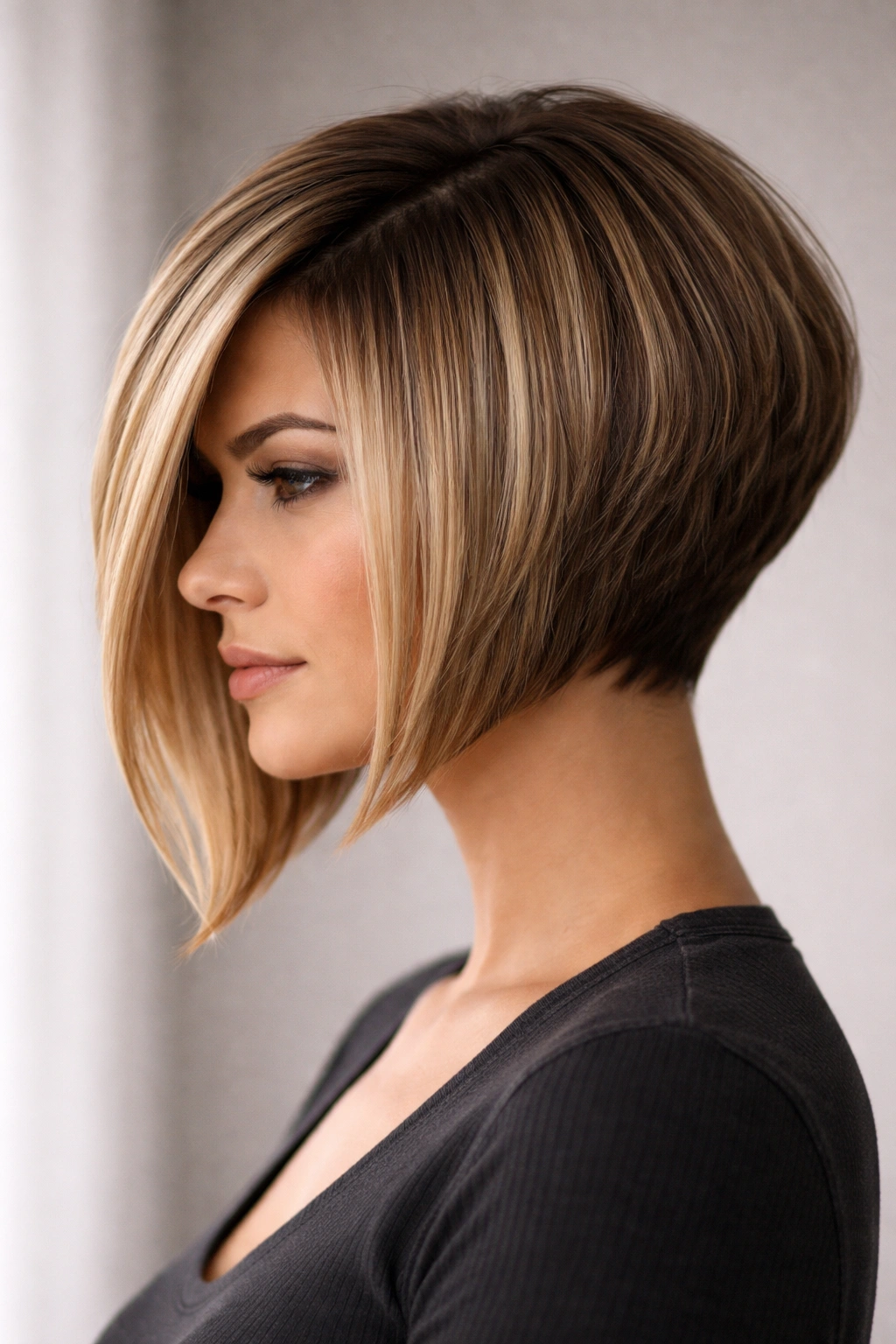 Angled front-heavy stacked bob with longer front pieces and short back