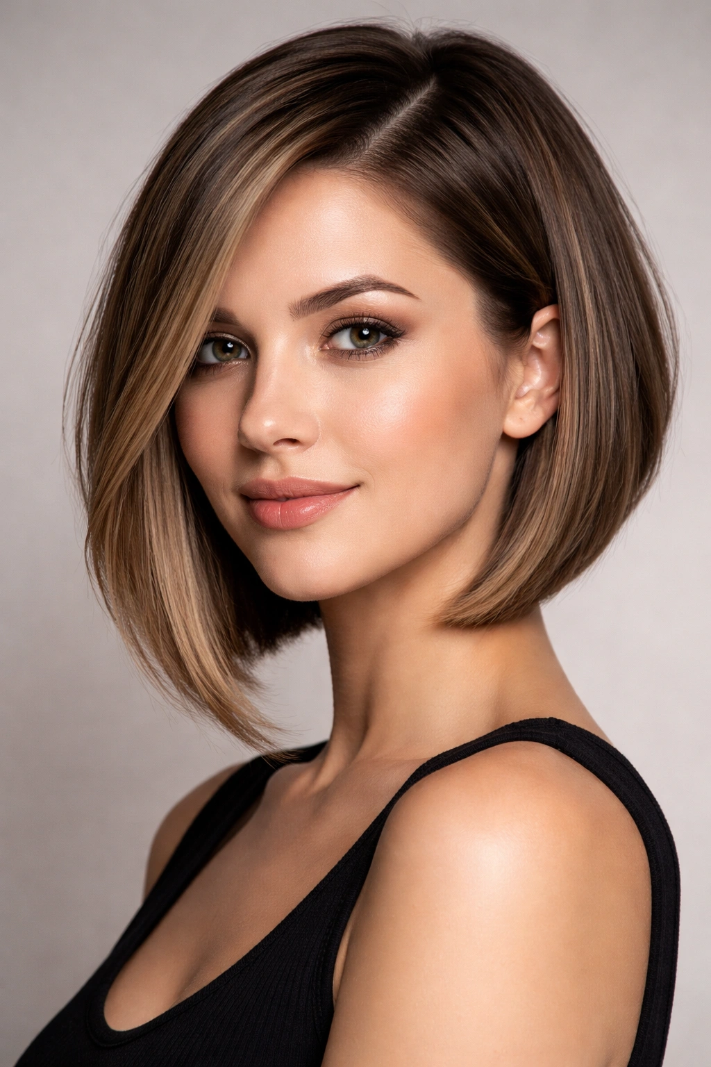 Angled lob hairstyle with chin-length diagonally angled front pieces framing the face
