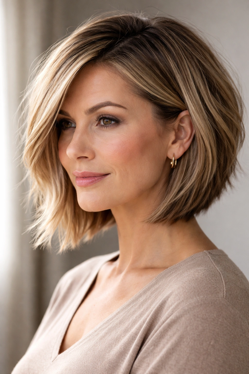 Angled lob with jawline length and choppy layers.