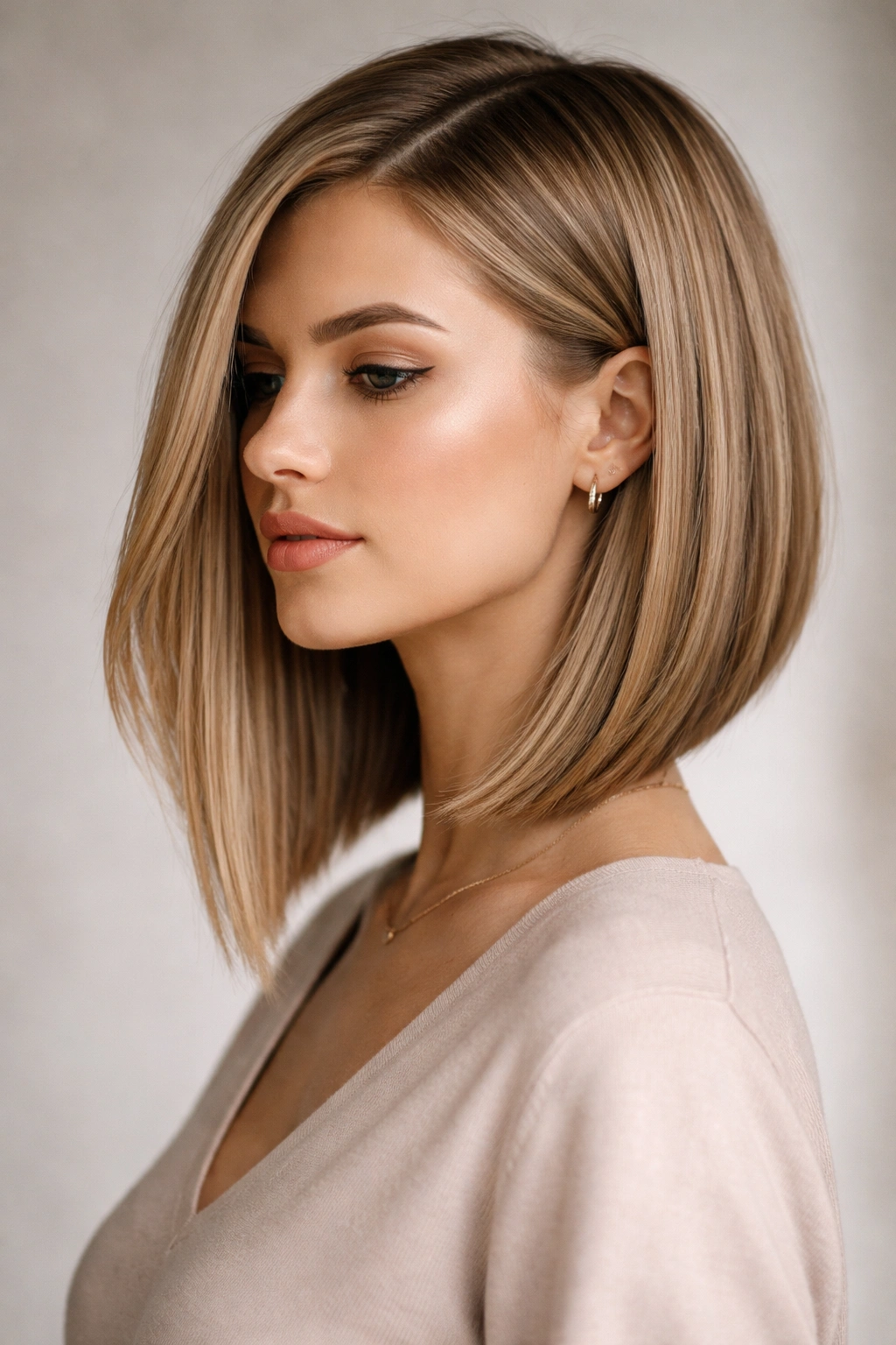 15 Short Haircuts That Work Best On Straight Hair 5 Portrait of a person with an angled lob showing a diagonal line from front to back