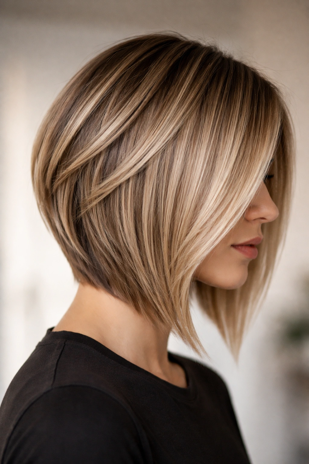 10 Layered Straight Short Cuts That Look So Clean 2 Profile view of The Angled Lob with Disconnected Layers showing distinct separations