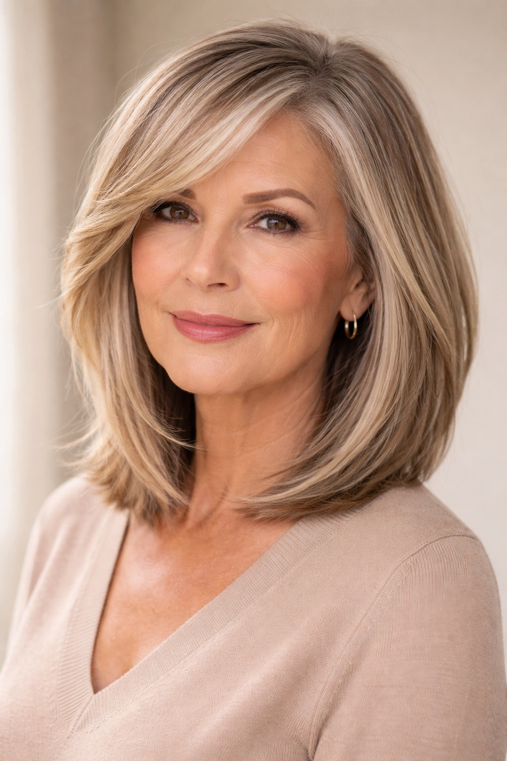 20 Haircuts For Women Over 60 By Face Shape 3 Older woman with angled lob and side layers softening square jawline.