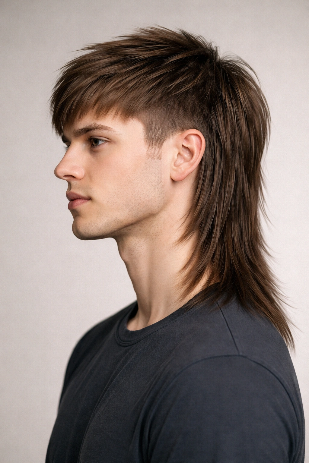 Portrait of a person with an angled mullet with longer sides and shorter front
