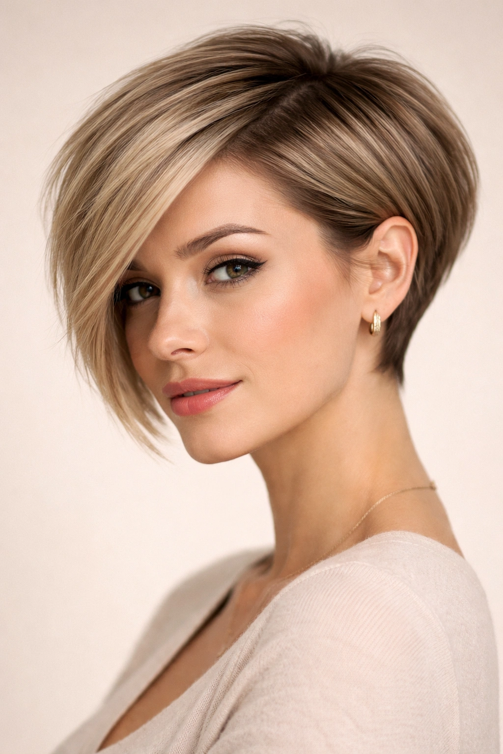 Close-up of angled pixie-bob hairstyle showing shorter side and longer opposite side