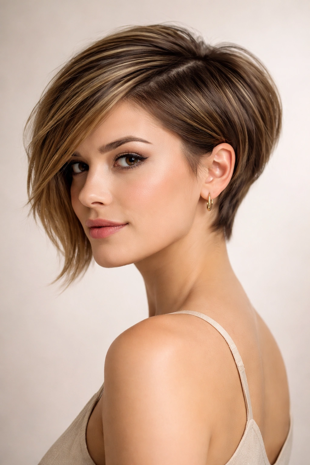 Angled pixie bob with short back and longer angled front