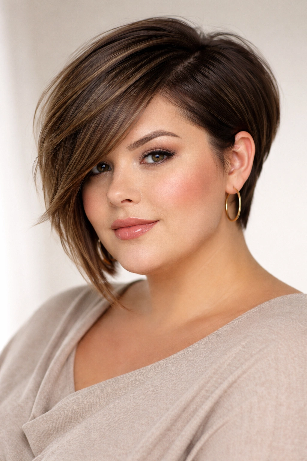 Close-up portrait of a plus-size woman with an angled pixie bob (short back, longer front)