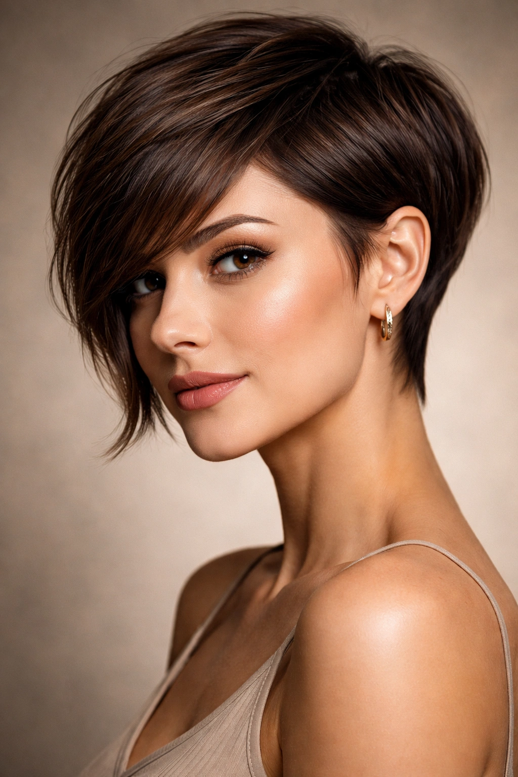 Close-up of a short angled pixie cut with front pieces framing the jawline