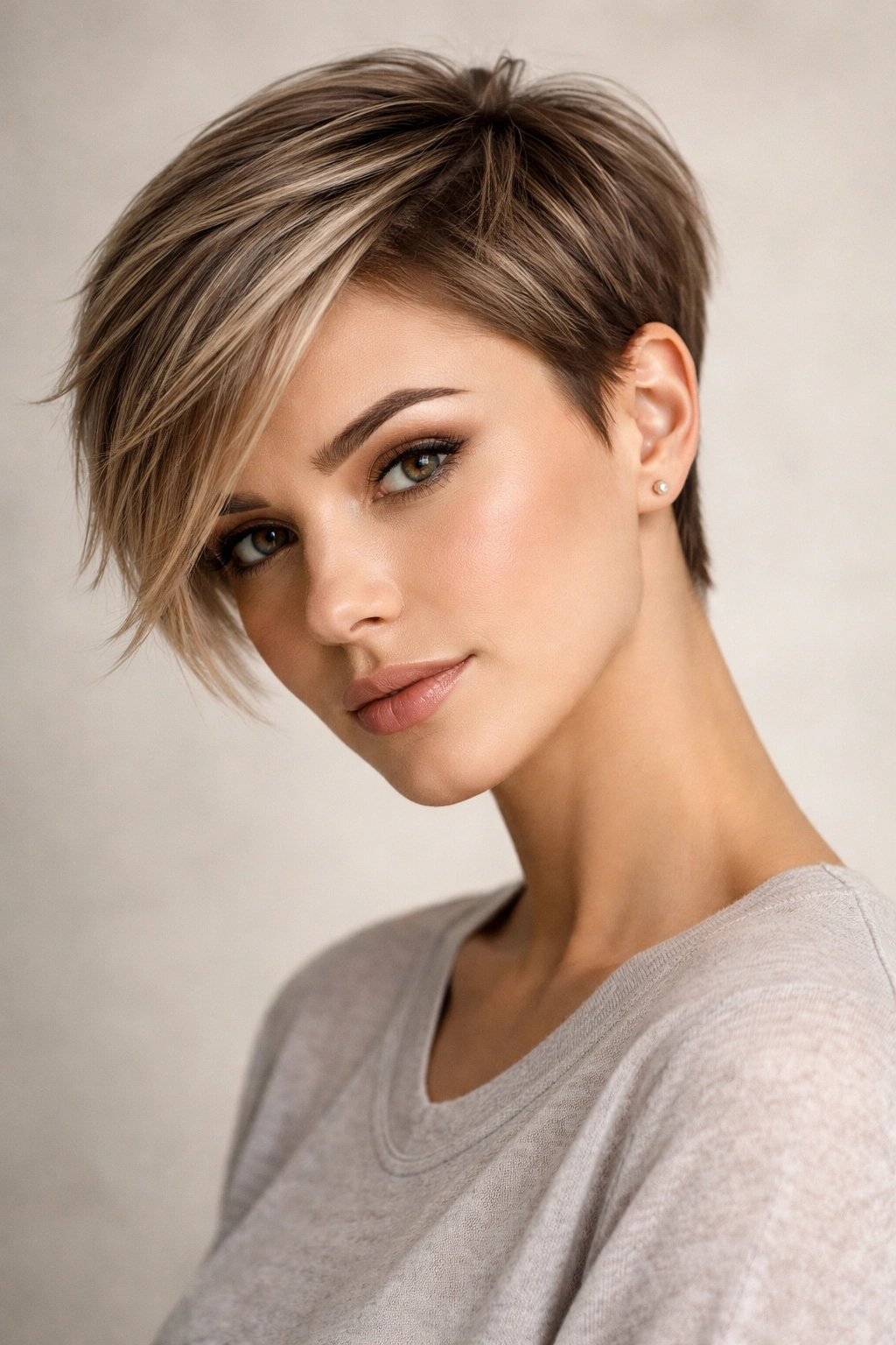 Close-up of a woman with an angled pixie showing longer front and sharp angle