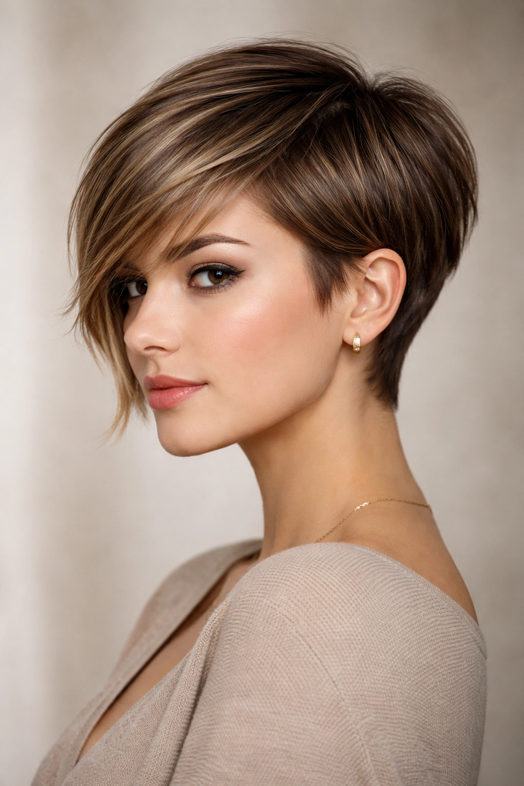 Angled pixie cut with longer front layers framing the face