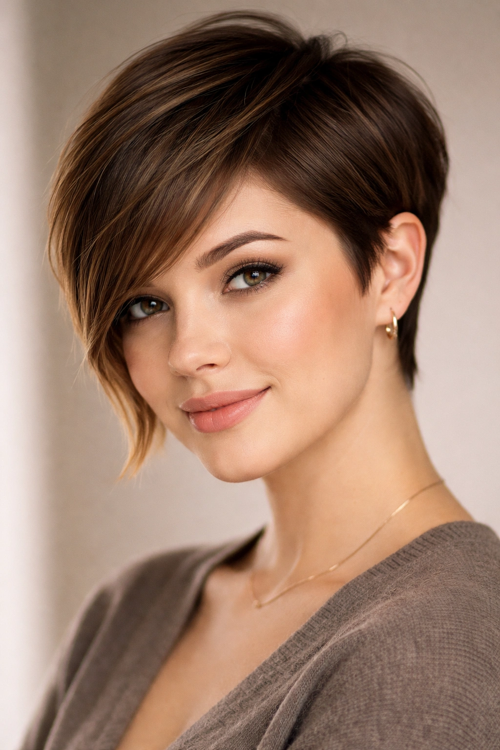 15 Pixie Styles Perfectly Suited To Round Faces 12 Portrait of a person with an angled pixie featuring longer front pieces framing the face