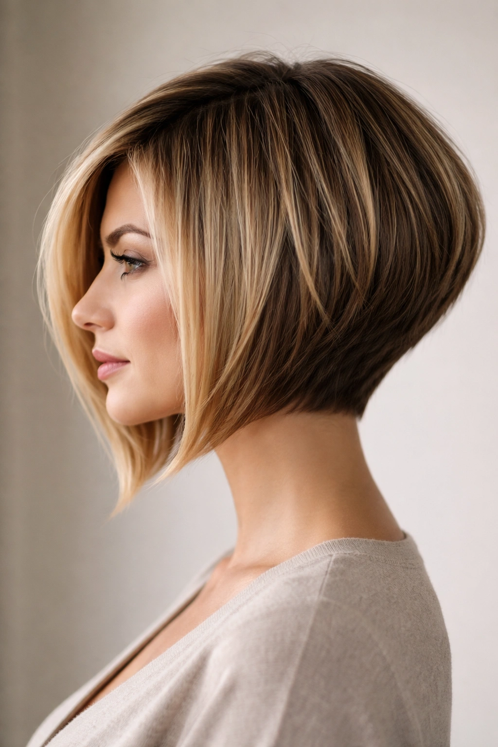 Profile view of angled stacked bob with diagonal length and stacked layers