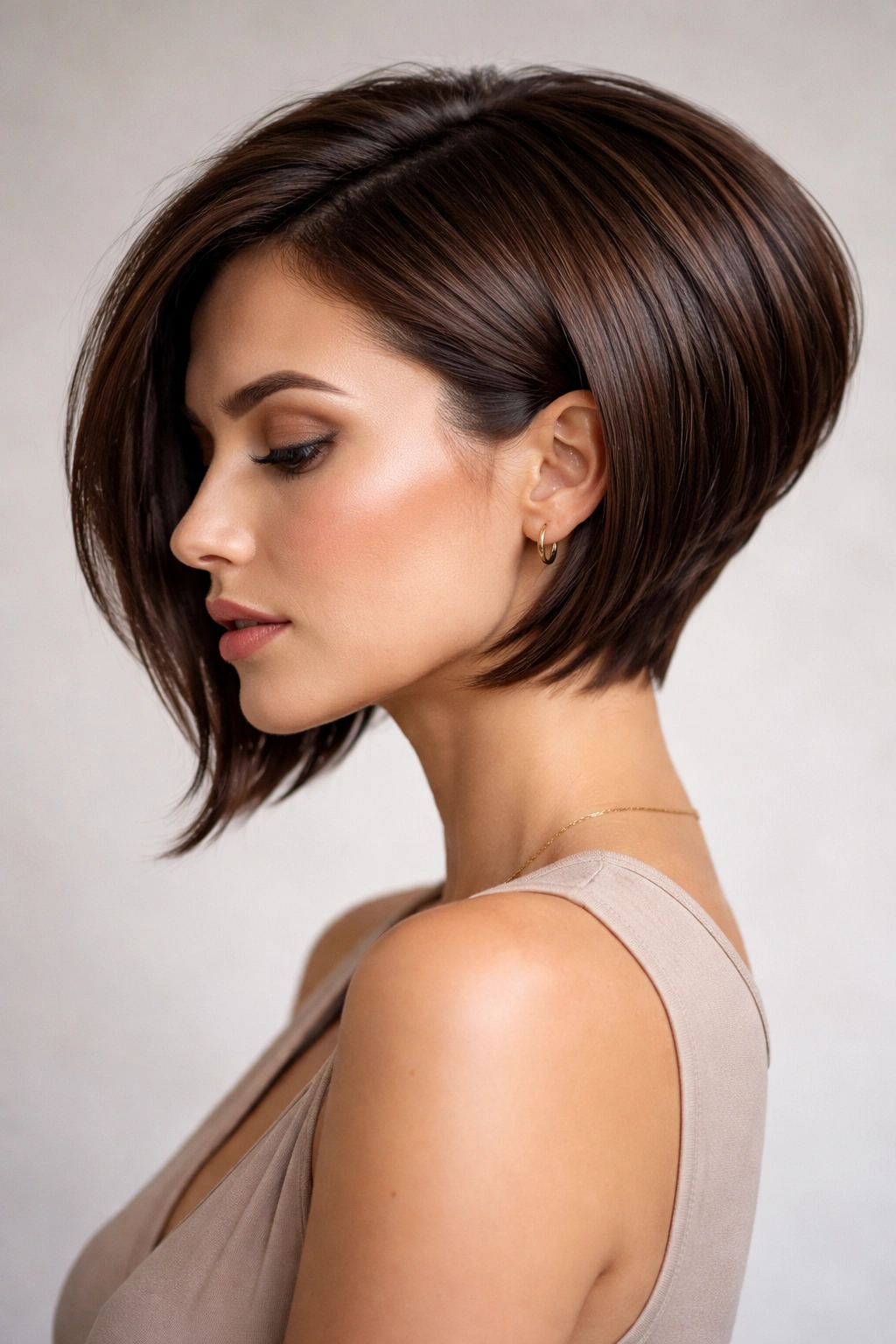 Profile portrait of a woman with a sharp angled stacked bob featuring a longer front and lifted nape in glossy chestnut hair