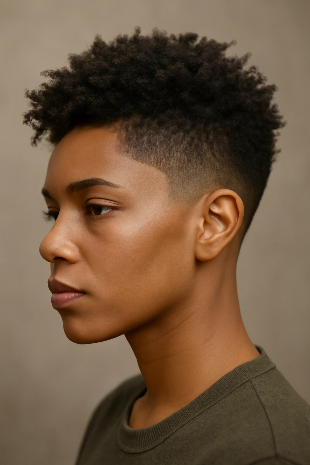 15 Tapered Cuts for Natural Hair Sorted by Curl Type 13 Close-up portrait of a person with an angled taper and textured crown on an angular face.