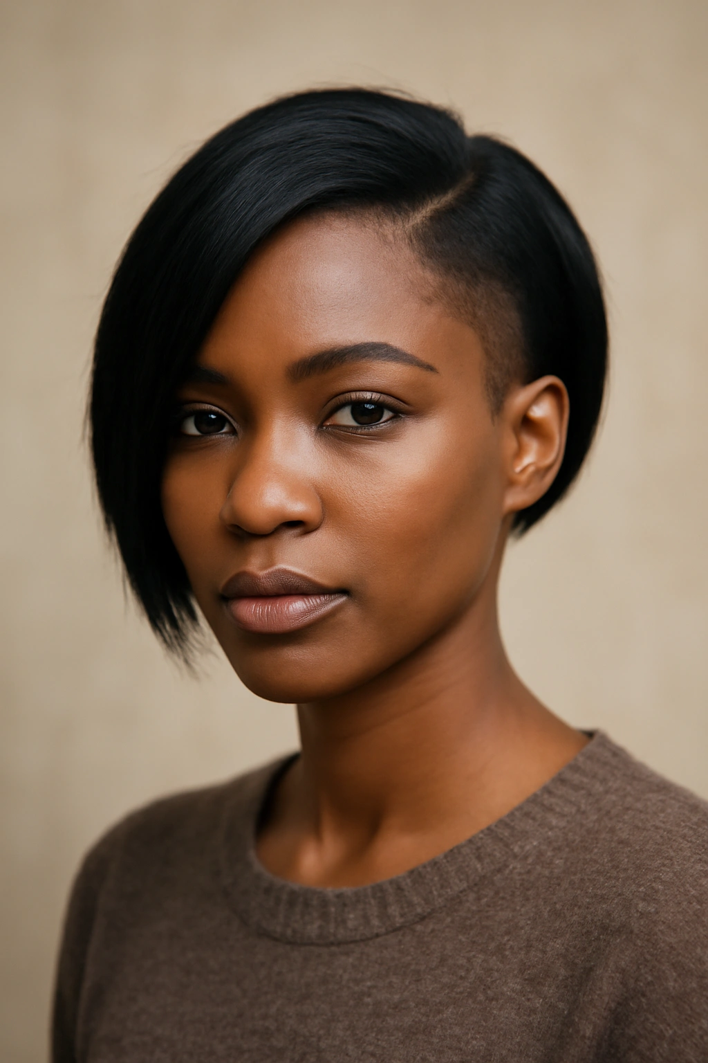 30 Short Haircuts for Black Women 6 Portrait of a Black woman with an angled undercut bob