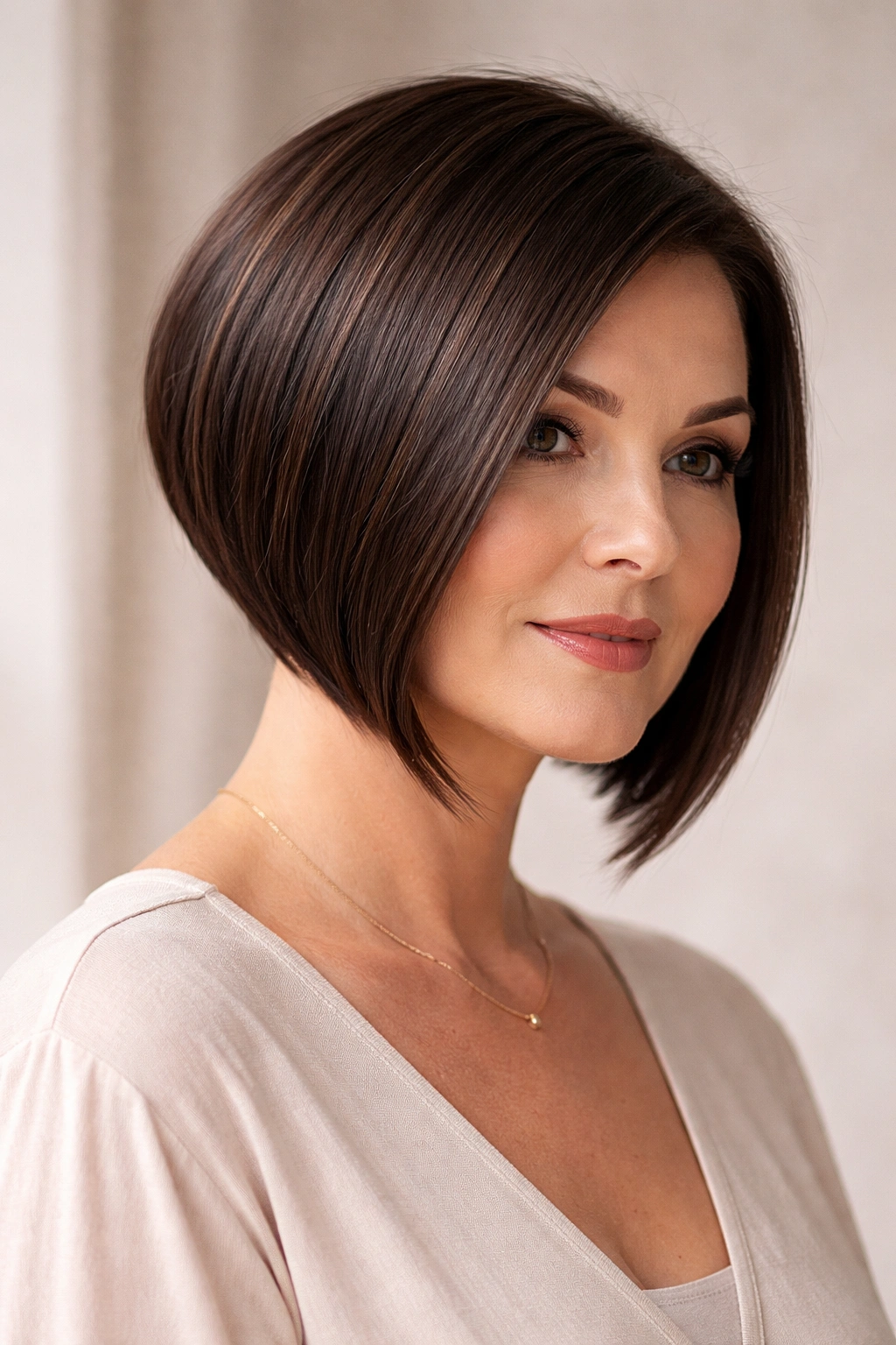 18 Short Hairstyles For Round Faces Over 40 15 Portrait of a woman with an angular bob emphasizing diagonal lines