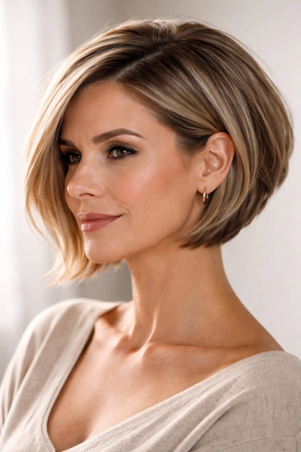 Close-up of a woman with an angular bob at ear length featuring textured layers.