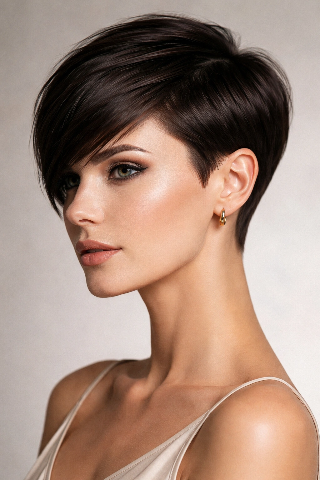 Close-up of a head with a sleek angular crop, highlighting crisp lines and structured silhouette.
