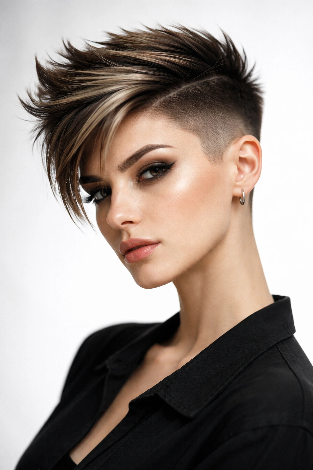 12 Boyish Short Haircuts Women Keep Asking For 11 Angular disconnected cut showing sharp top angles and faded sides in a studio portrait