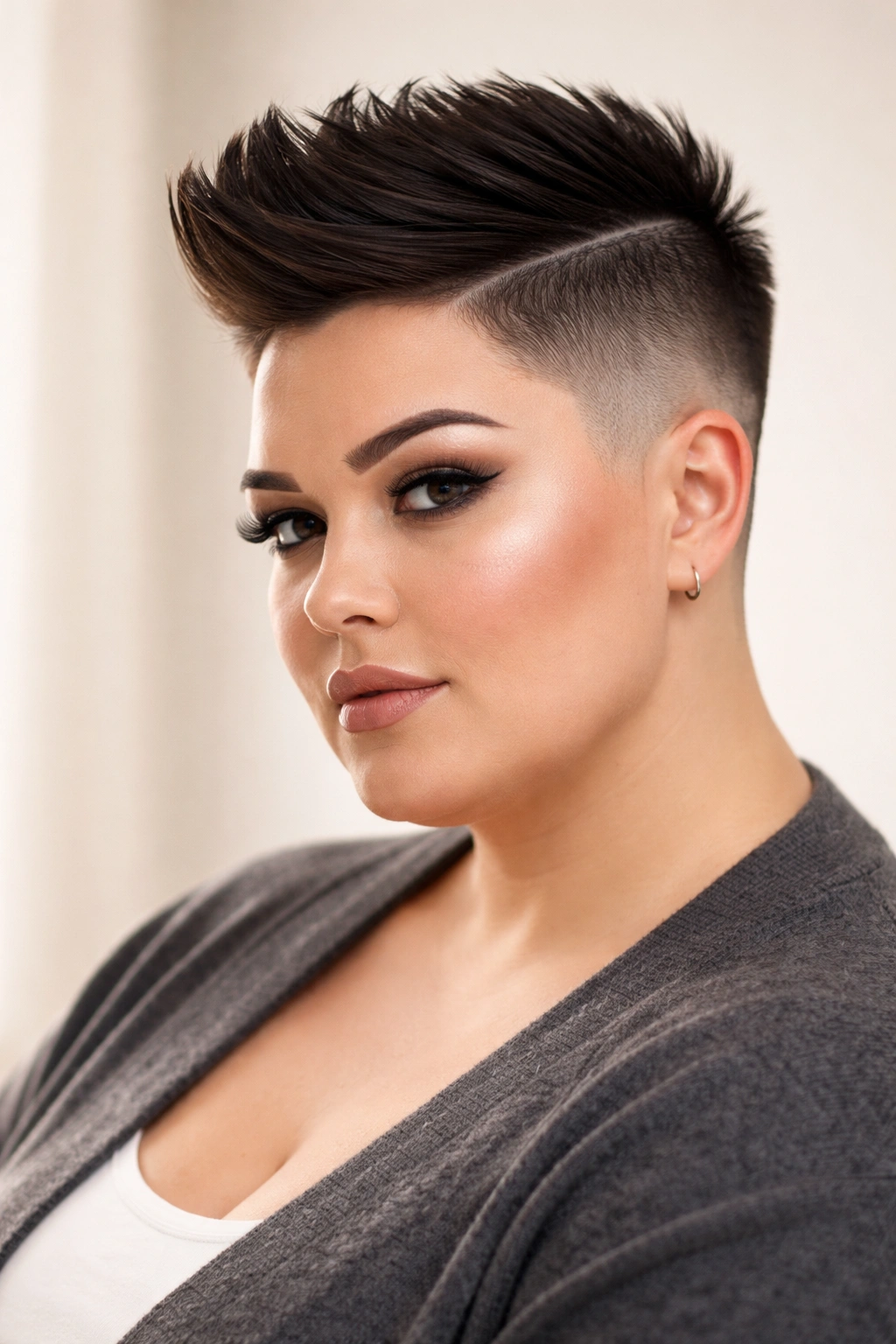 12 Short Haircuts For Plus Size Women With Round Faces 8 Angular fade hairstyle with sharp top angles and very short sides in a studio portrait