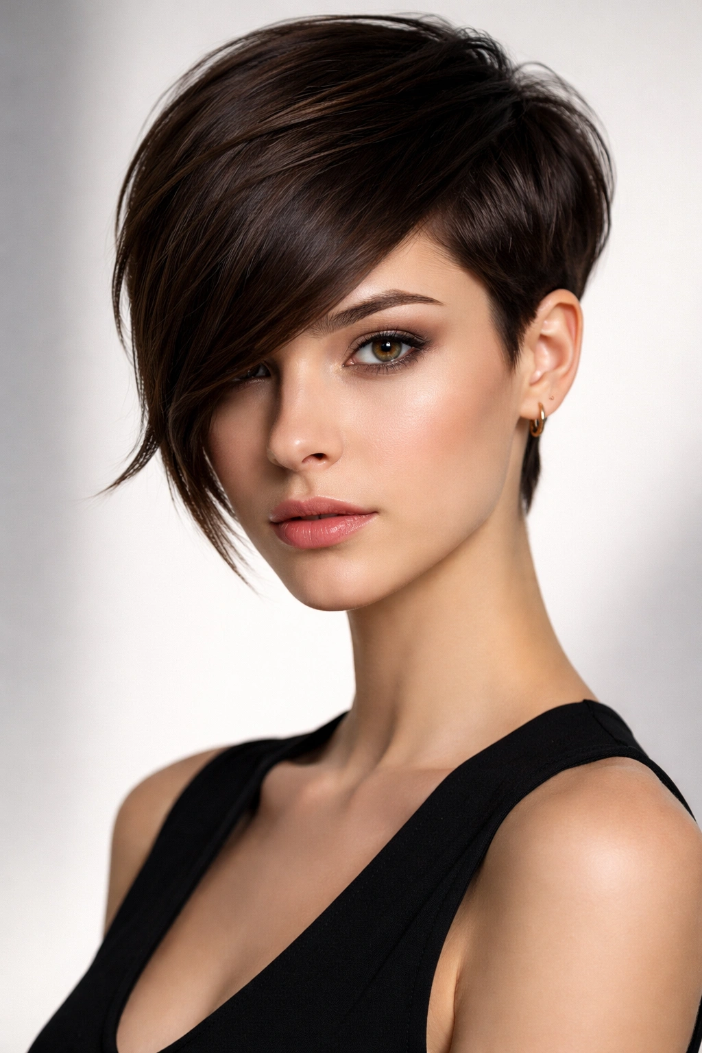 Profile of a short crop with a dramatic angled fringe